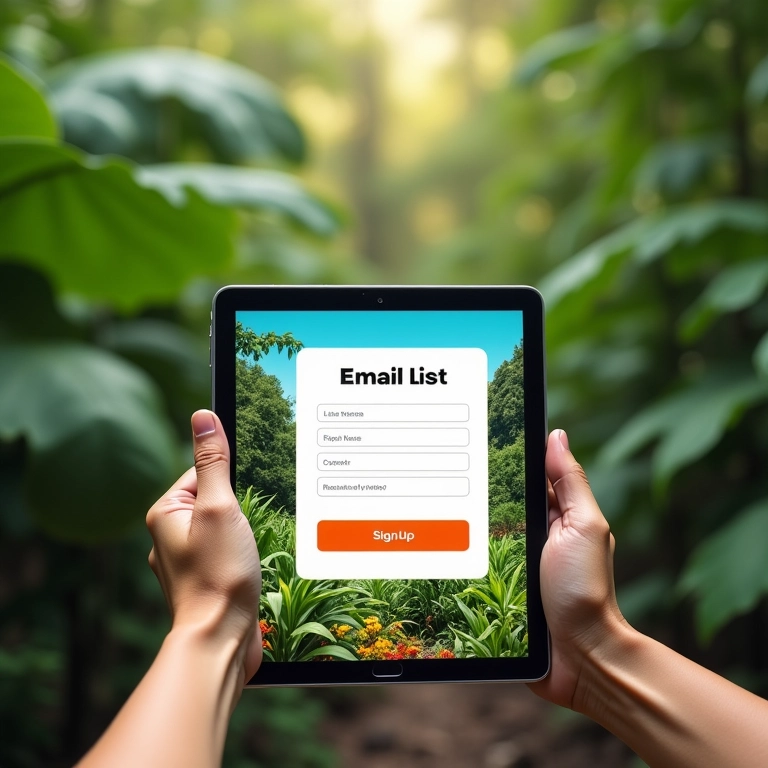 Formulário de inscrição de e-mail em um tablet com paisagem brasileira.