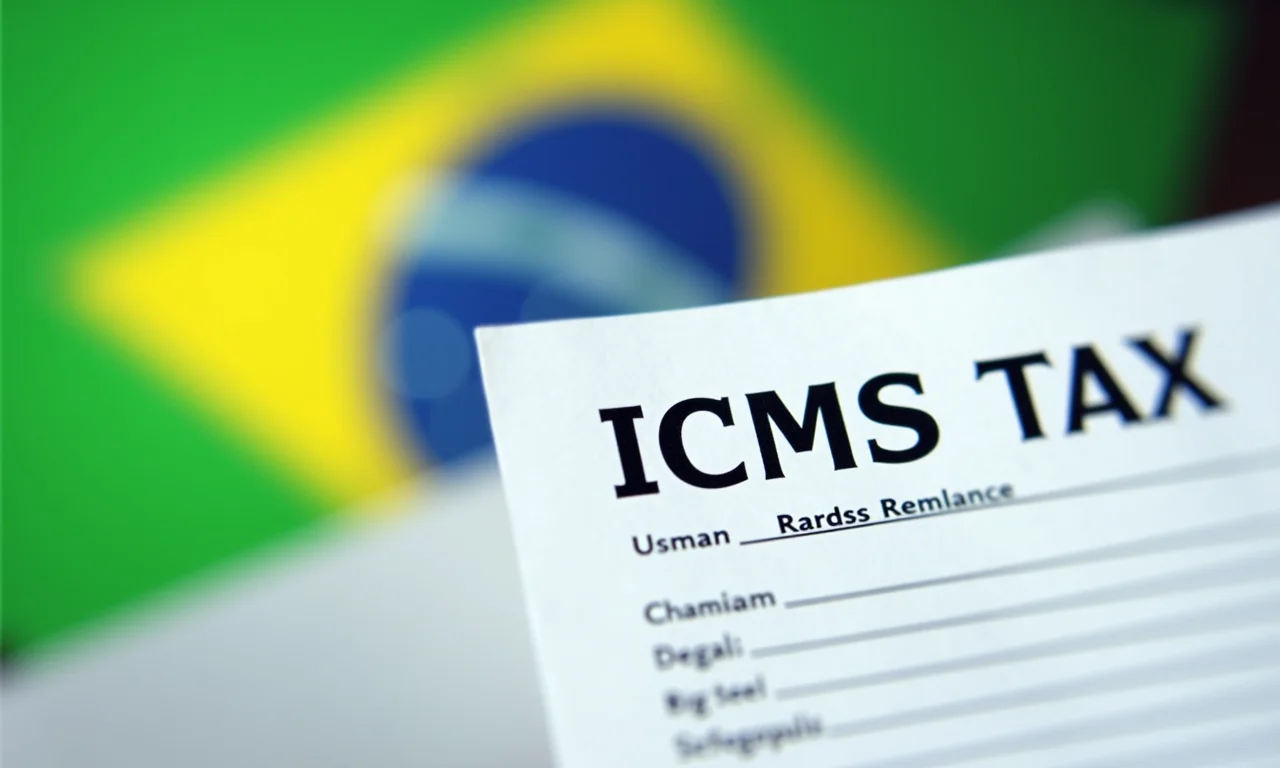 Formulário do imposto ICMS com bandeira do Brasil borrada ao fundo.