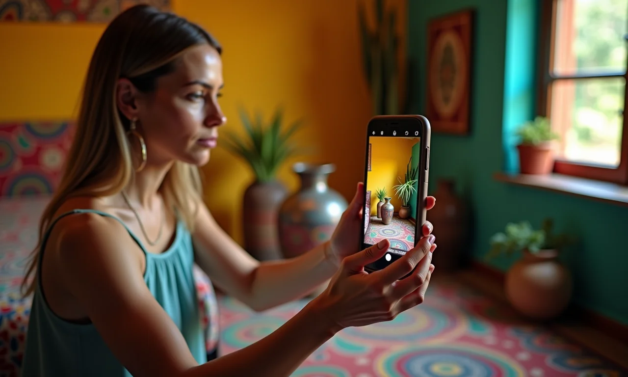 Fotógrafa profissional tirando foto de alta qualidade de um vaso artesanal.