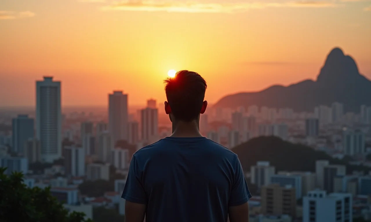 Fundador de healthtech olhando para a paisagem urbana brasileira ao pôr do sol, simbolizando resiliência e visão de longo prazo.