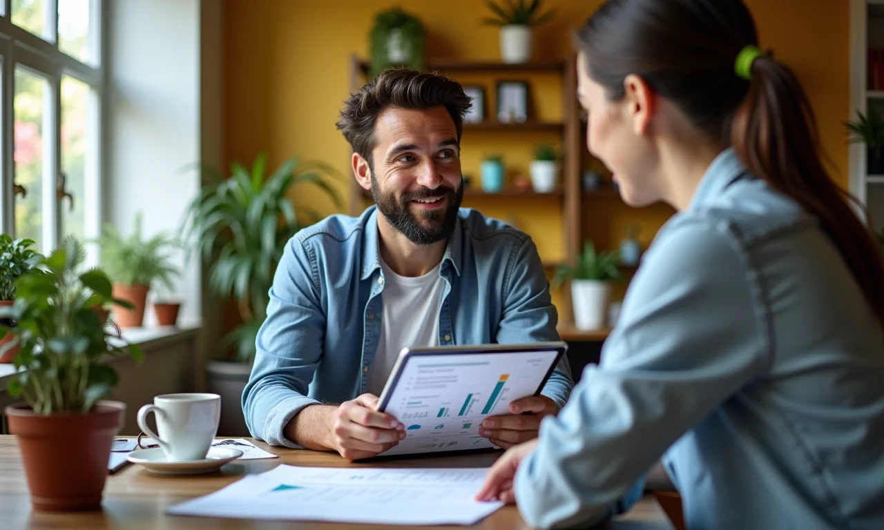 Gerente financeiro analisando fluxo de caixa em tablet em escritório vibrante.