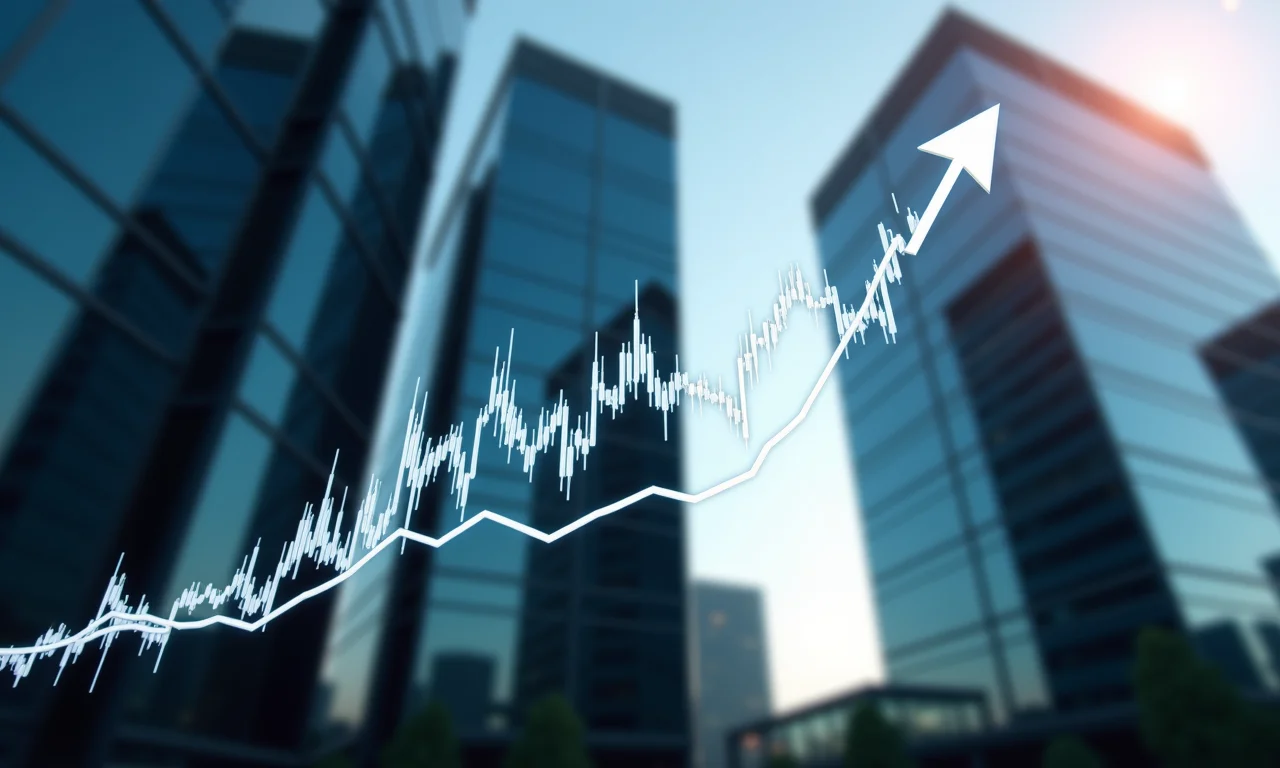 Gráfico de ações sobreposto à imagem da sede de uma empresa sólida em SP, simbolizando investimentos de longo prazo.