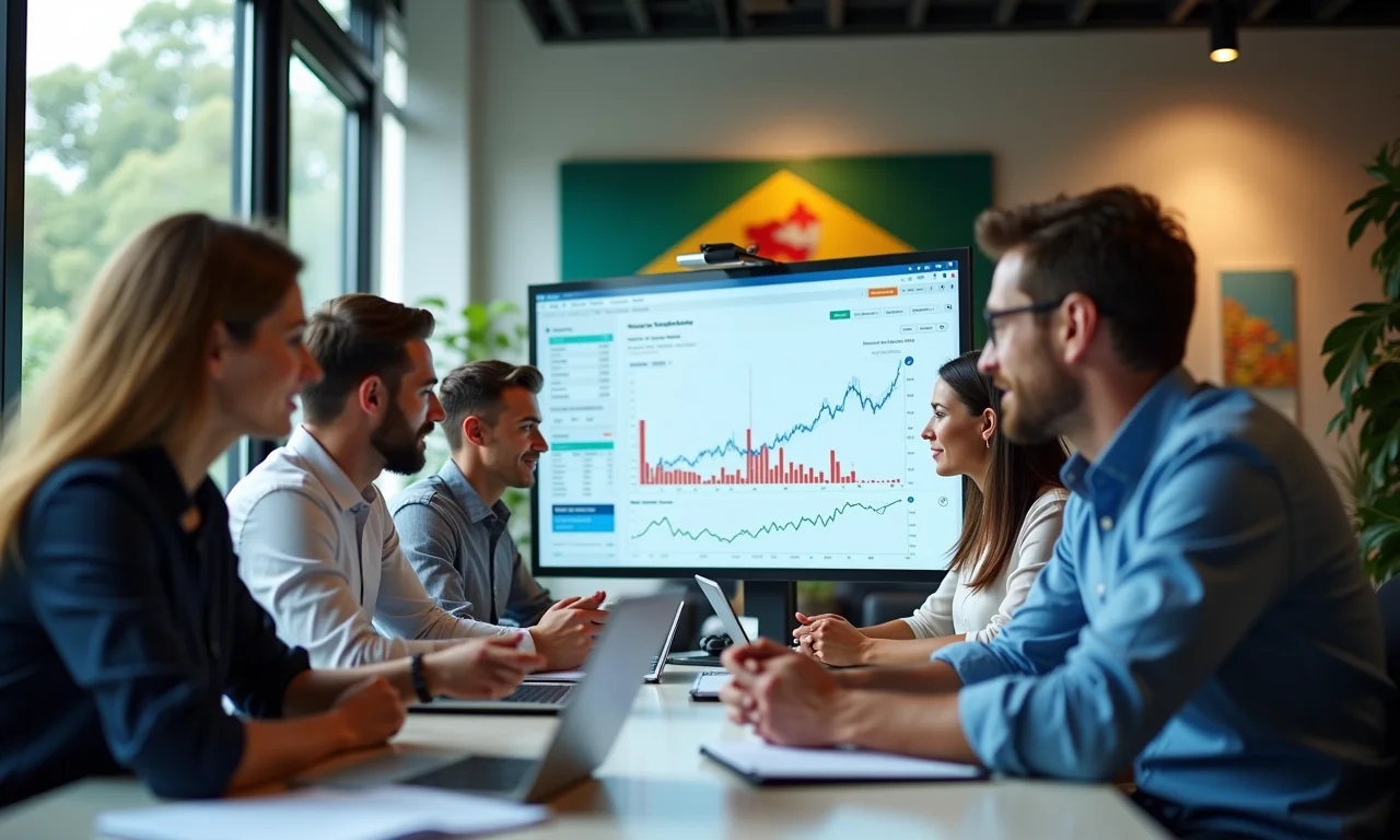 Grupo analisando gráficos financeiros para escolher FIDC em SP.