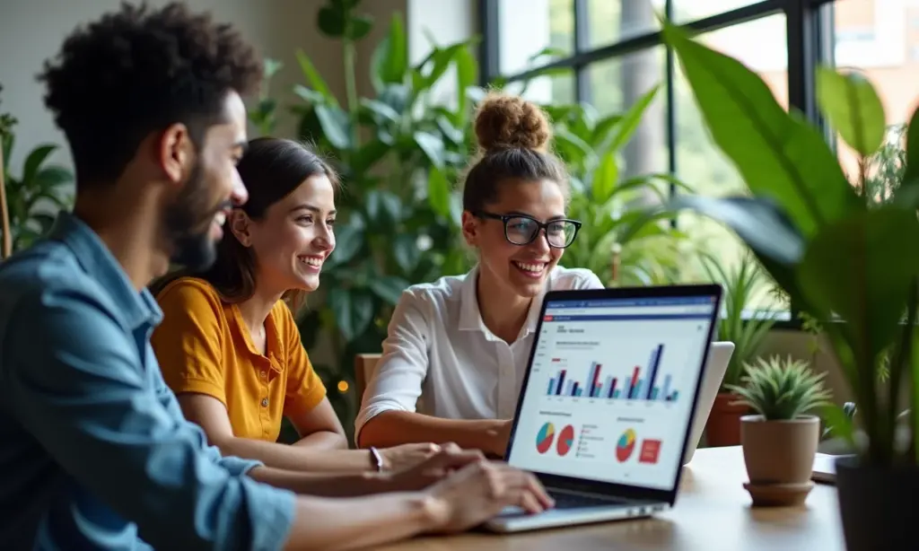 Como Usar O YouTube Analytics Para Crescer Seu Canal Estrategicamente Grupo analisando YouTube Analytics em laptop