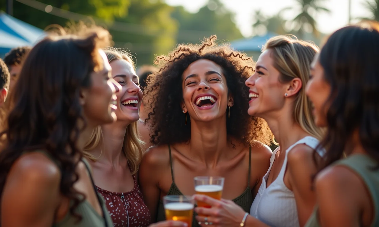 Grupo de amigos interagindo em evento local promovido por marketing de proximidade.