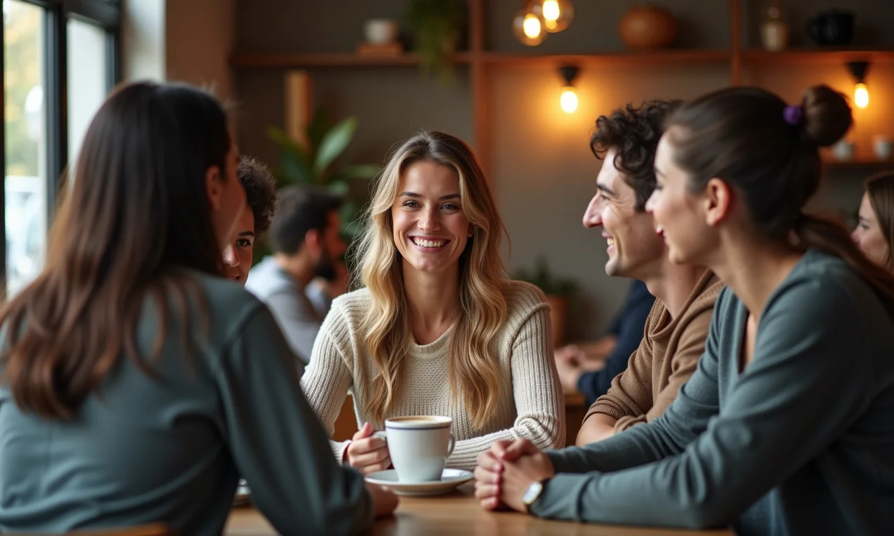 Grupo de amigos oferecendo apoio a uma mulher em café.