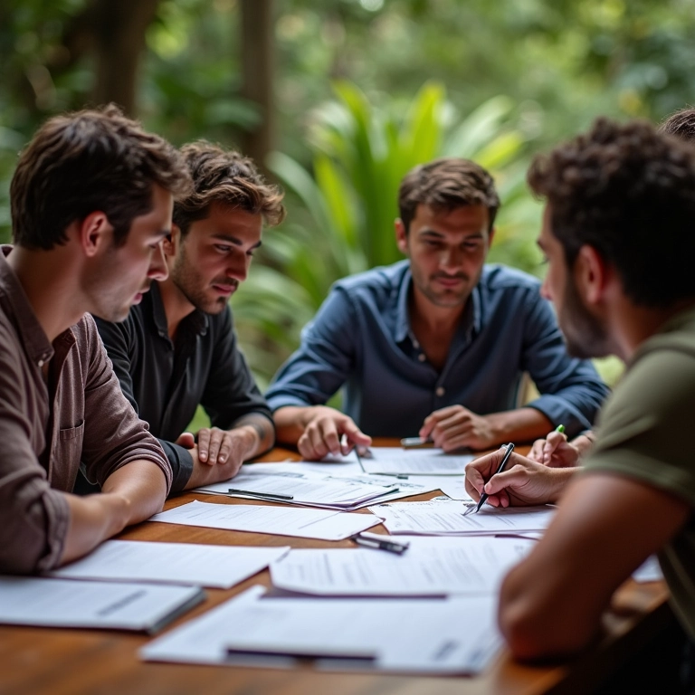 Grupo de brasileiros discutindo planejamento sucessório com documentos.