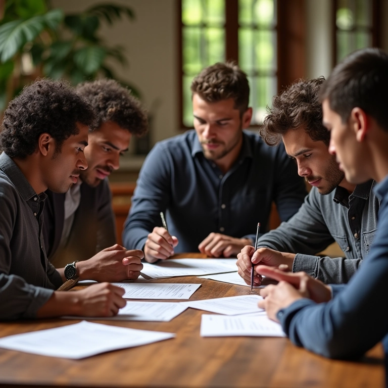 Testamento em SP Entenda a Importância e Como Fazer Grupo de brasileiros revisando documentos de testamento em mesa de madeira.