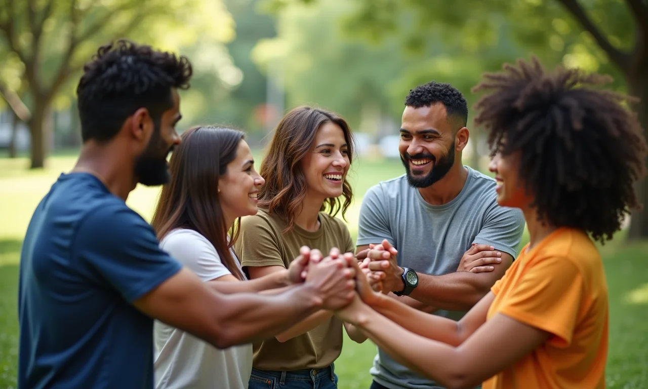 Grupo de brasileiros se apoiando em atividade de team-building, demonstrando apoio mútuo.
