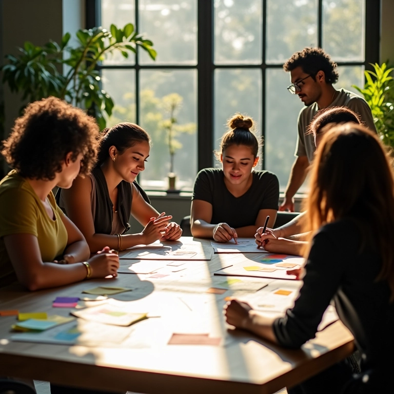 Imaginação Deliberada: Como Usar Sua Imaginação Para Criar o Futuro do Seu Negócio Grupo de empreendedores brasileiros colaborando em um escritório vibrante.