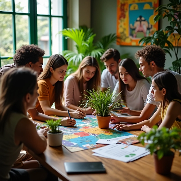 Como Fazer Marketing Para Nichos Específicos Com Sucesso Grupo de empreendedores brasileiros planeja estratégias de marketing de nicho em mesa colorida com decoração brasileira.