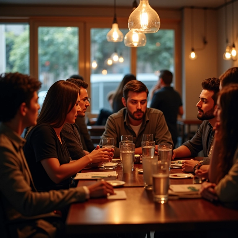 Grupo de empreendedores trocando experiências em café em São Paulo.