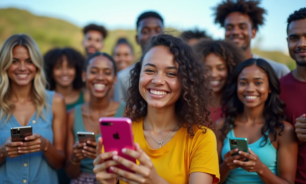 Grupo de jovens brasileiros participando de desafio divertido no TikTok, com cenário colorido e vibrante.