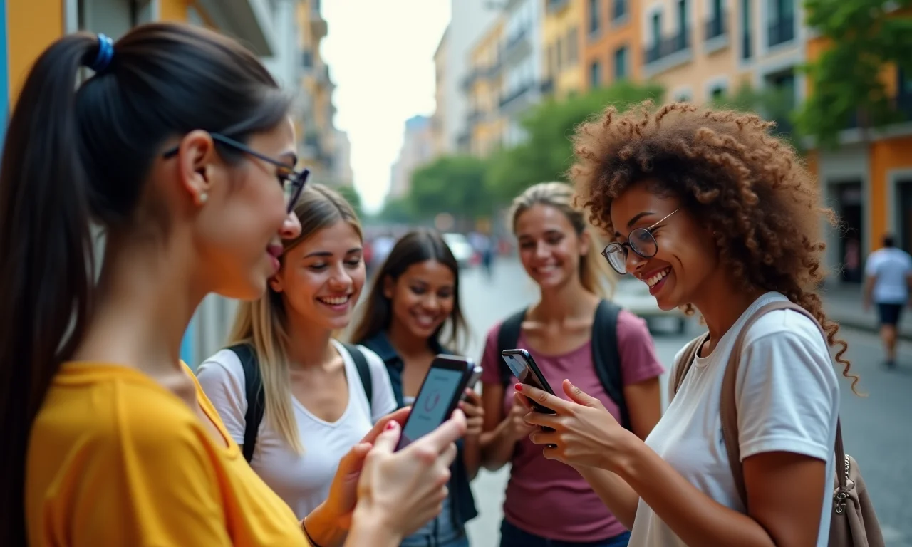Grupo de jovens respondendo enquetes interativas no TikTok em cenário urbano brasileiro.