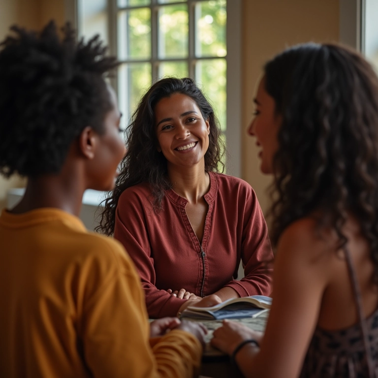 Grupo de mulheres se apoiando em comunidade, representando apoio mútuo.