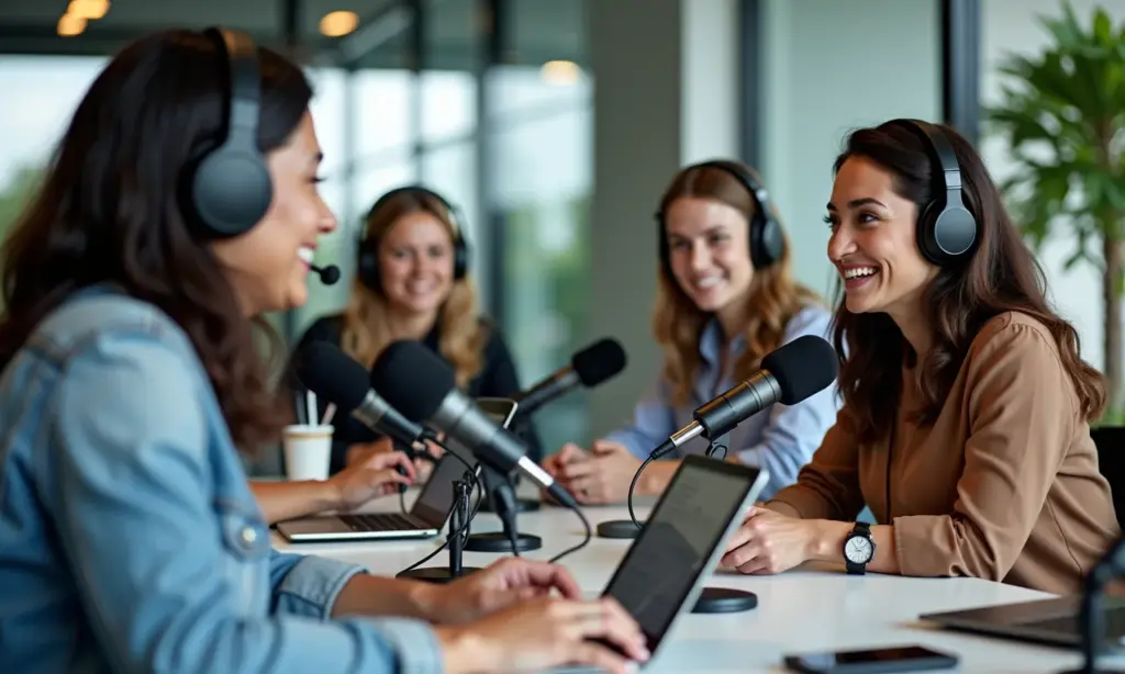 Podcasting para Negócios em SP Compartilhe Sua Voz Grupo de pessoas diversas gravando podcast em escritório moderno em SP.
