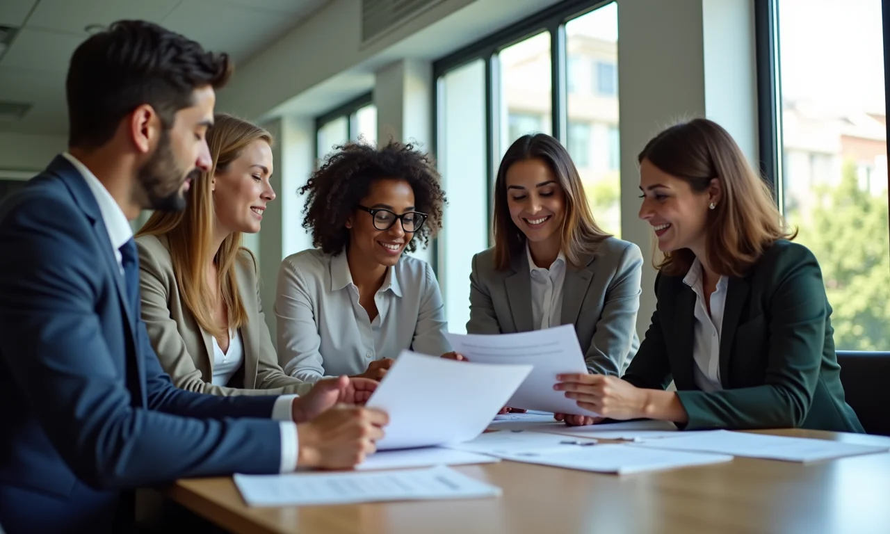 Grupo de profissionais brasileiros revisando documentos para operação de câmbio.