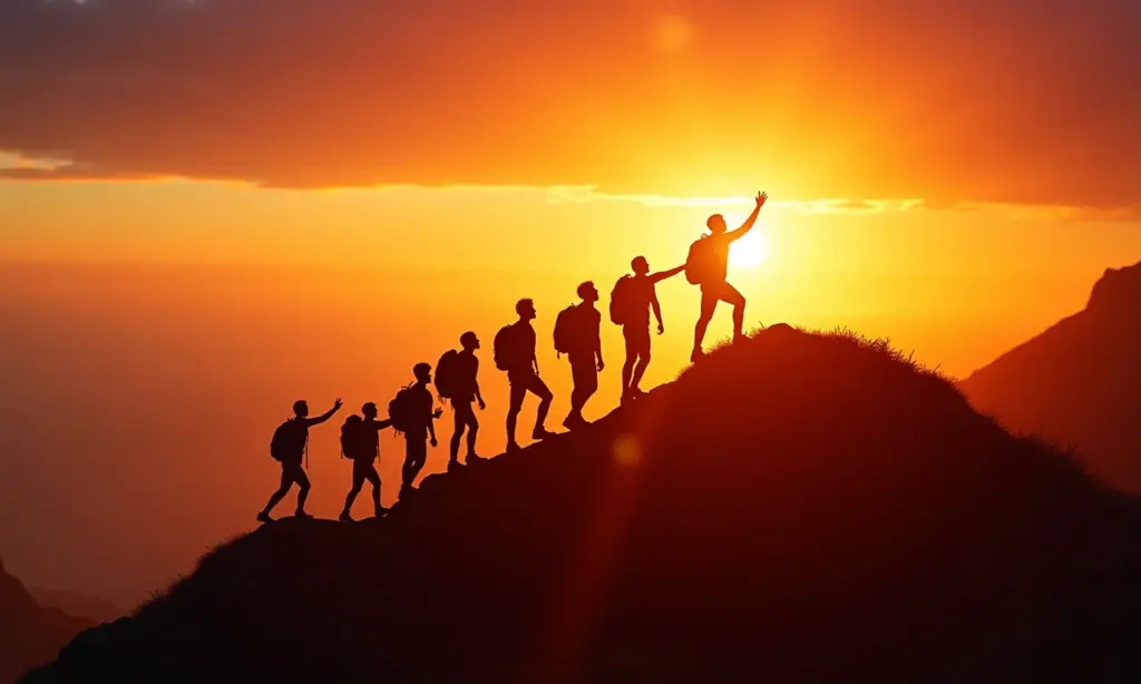 A Psicologia da Resiliência: Por Que Algumas Pessoas se Recuperam Mais Rápido? Grupo diverso alcançando o topo da montanha ao nascer do sol, simbolizando resiliência.