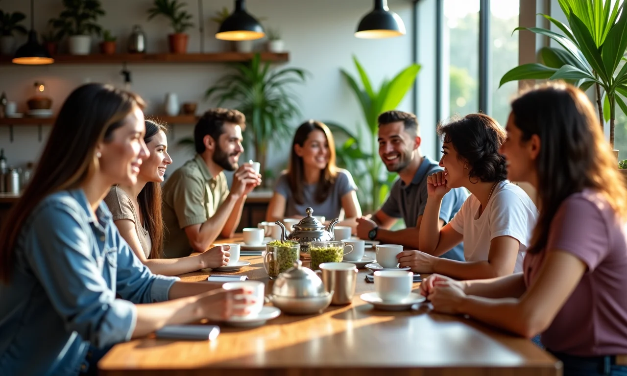 Grupo diverso apreciando chás em café com decoração brasileira.