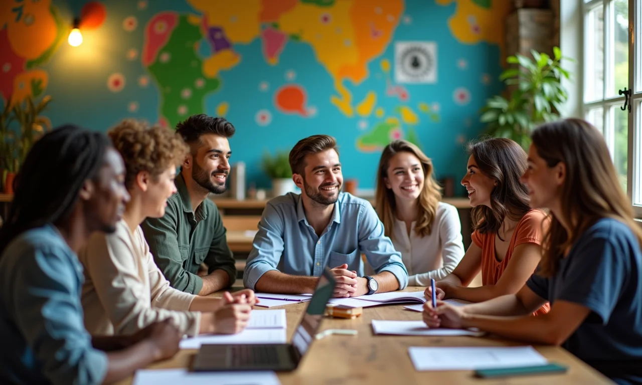 Grupo diverso aprendendo junto em espaço de co-working.