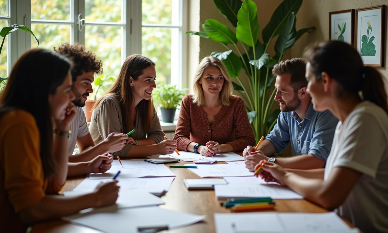 Grupo diverso brainstorming com canetas coloridas e papel.