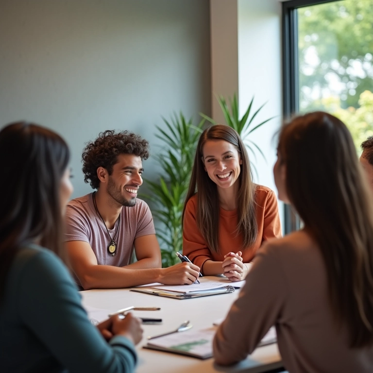 Grupo diverso compartilhando apoio, rede de suporte no trabalho.
