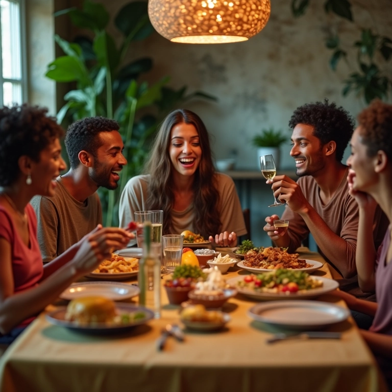 Grupo diverso de amigos compartilhando refeição e apoio.