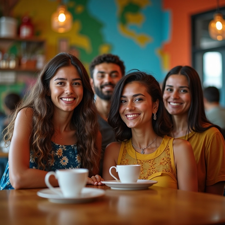 Grupo diverso de brasileiros compartilhando conteúdo inspirador e ideias do Pinterest em um café colorido em São Paulo.