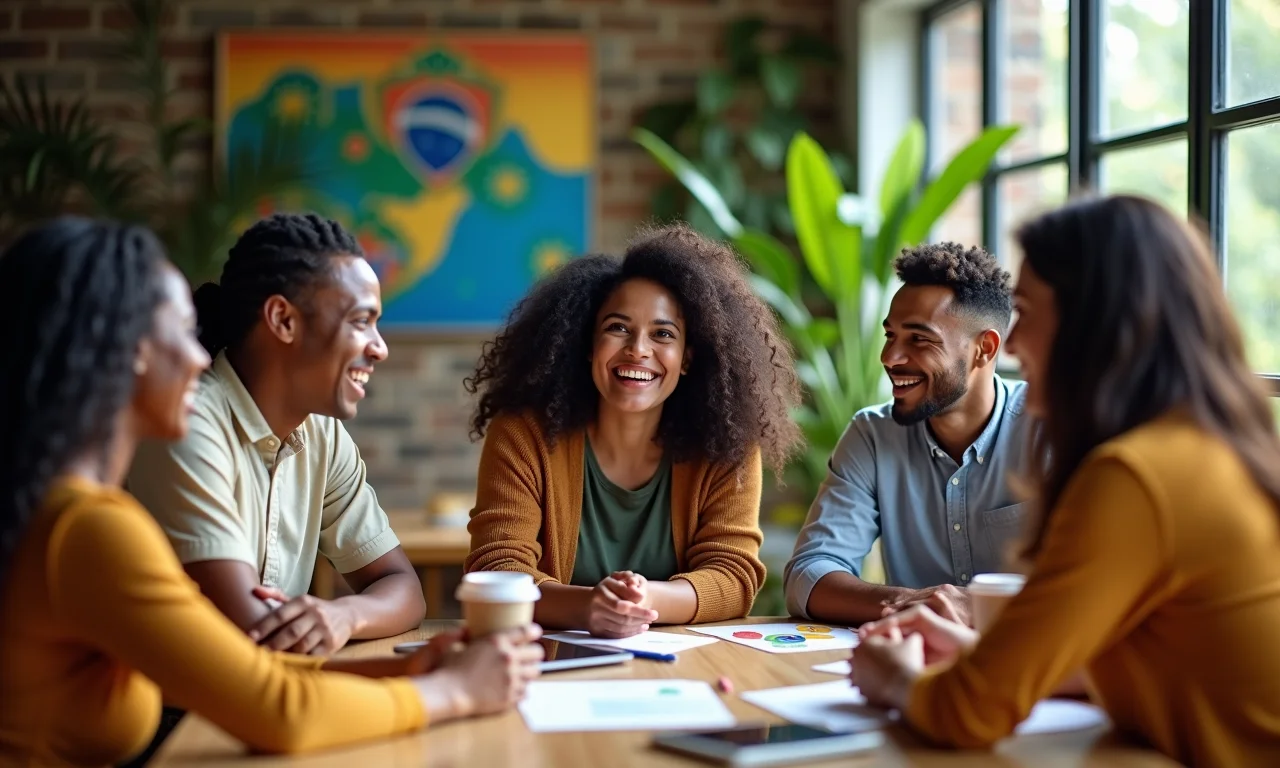Grupo diverso de brasileiros compartilhando experiências positivas em um ambiente de co-working.