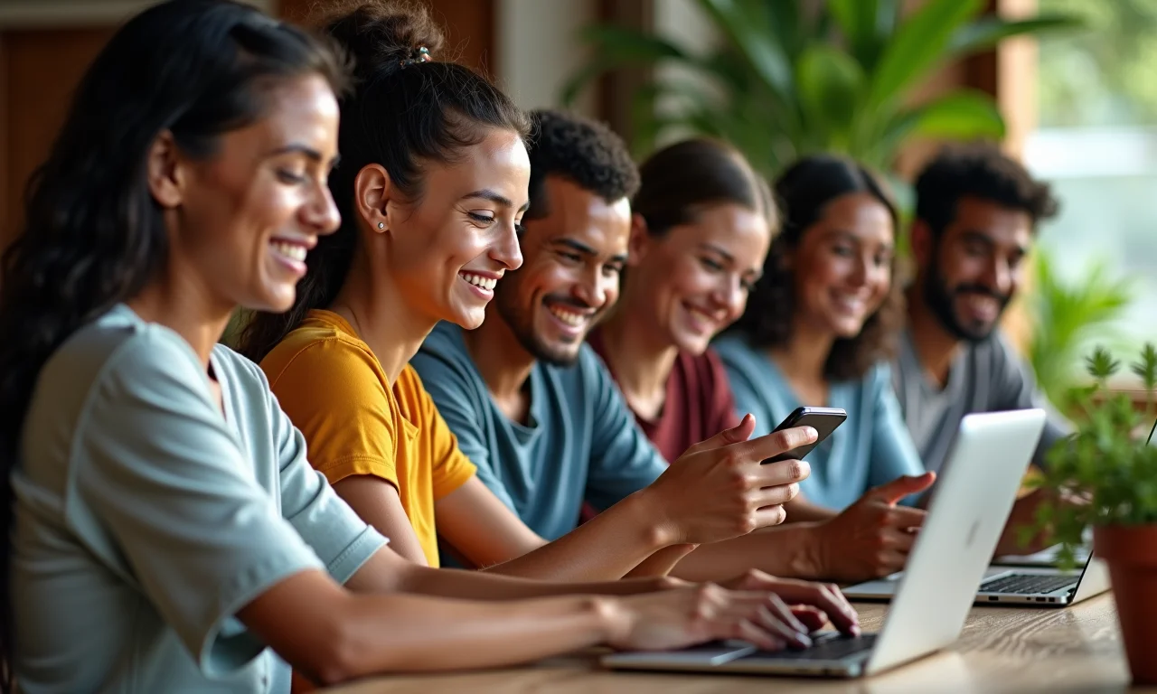 Grupo diverso de brasileiros felizes usando um site com carregamento rápido em vários dispositivos.