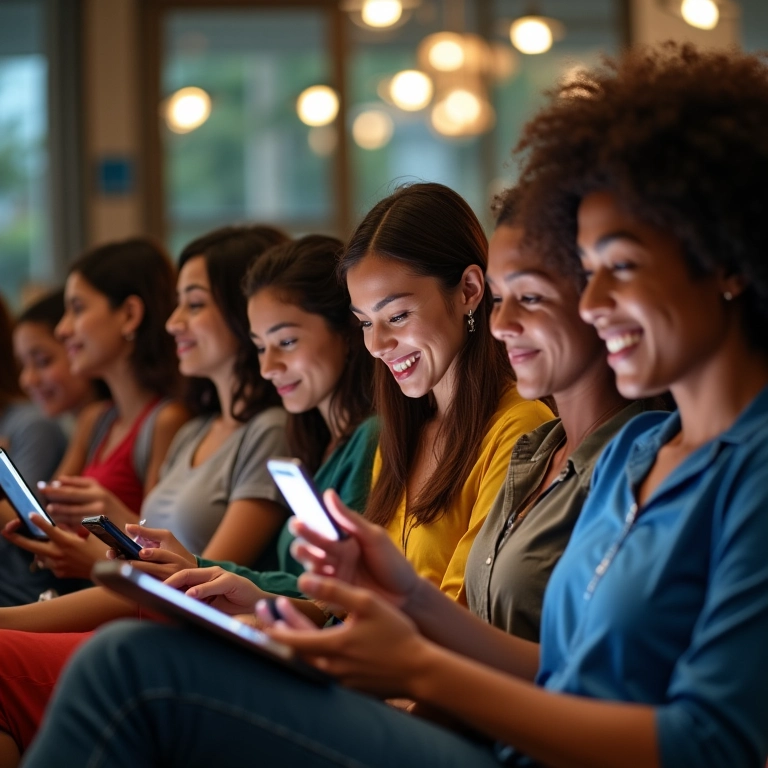 Grupo diverso de brasileiros interagindo nas redes sociais.