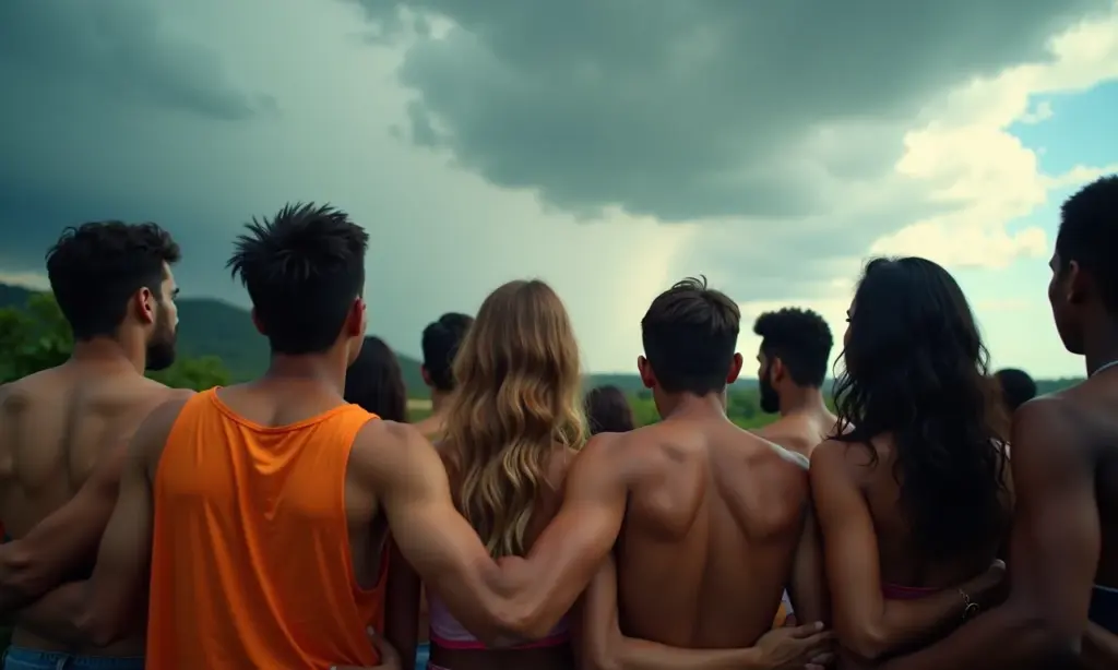 Exemplos de Resiliência na Prática que Vão te Surpreender Grupo diverso de brasileiros unidos e resilientes enfrentando uma tempestade, com o céu clareando ao fundo.