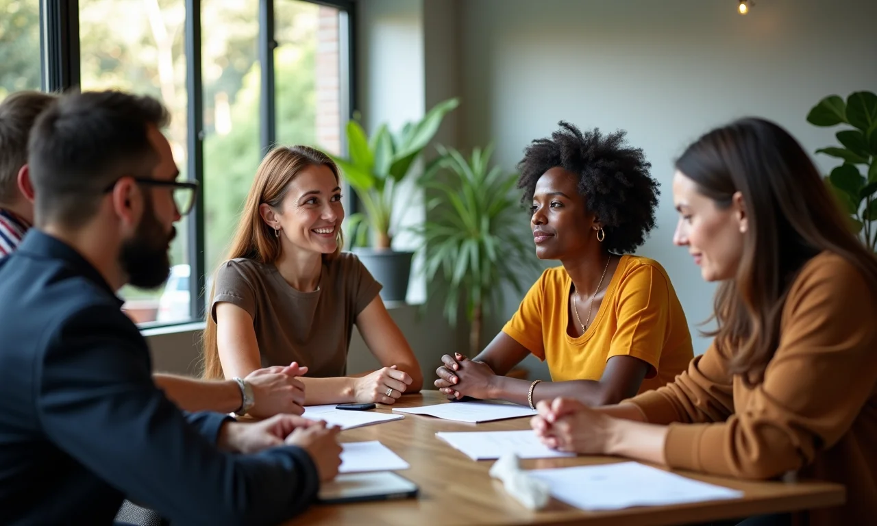Grupo diverso de colegas em São Paulo praticando escuta ativa e demonstrando empatia em reunião.