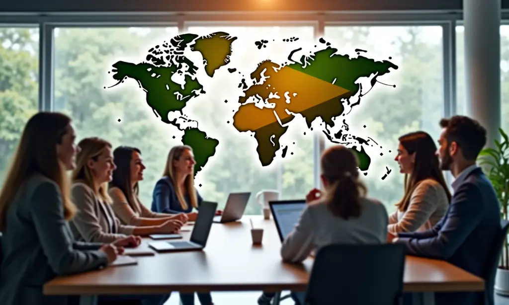 Os Primeiros Passos Mentais Para Levar Sua Empresa Para o Exterior Grupo diverso de empreendedores brasileiros planejando expansão global em escritório moderno com design brasileiro.