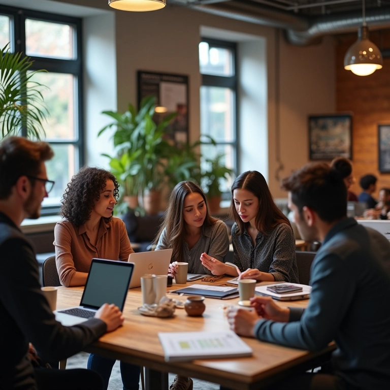 Grupo diverso de empreendedores discute estratégias de preços em espaço de co-working vibrante.