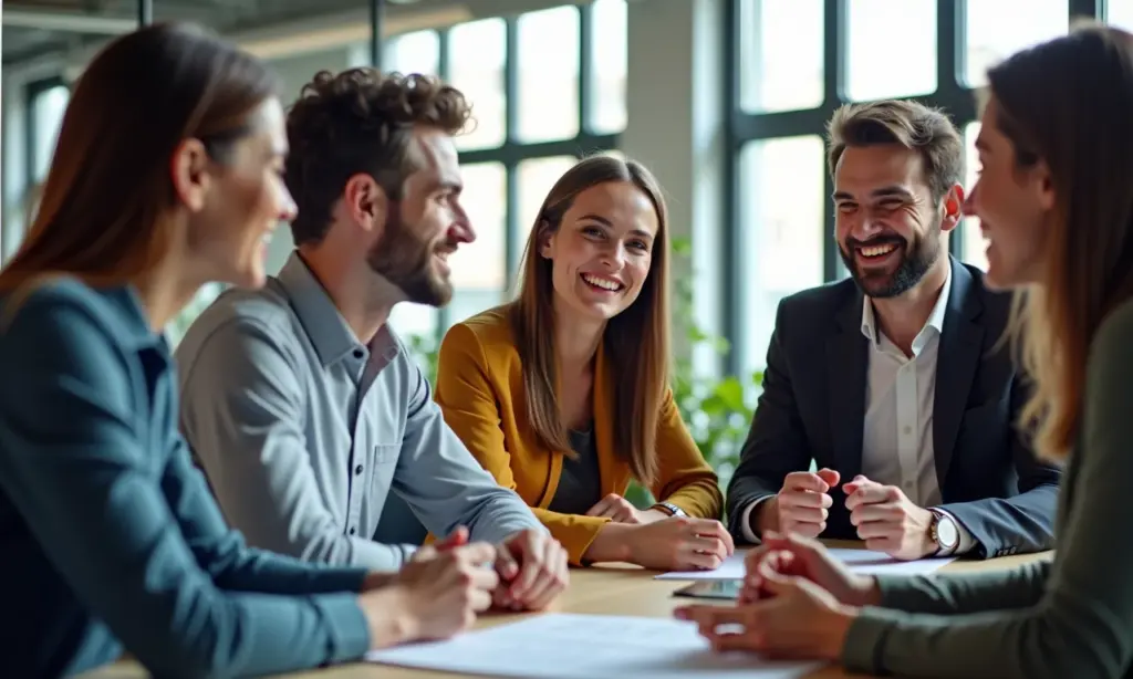 Carisma Não é um Dom: Como Desenvolver e Usar nos Negócios Grupo diverso de empreendedores em espaço de coworking, sorrindo e conversando.