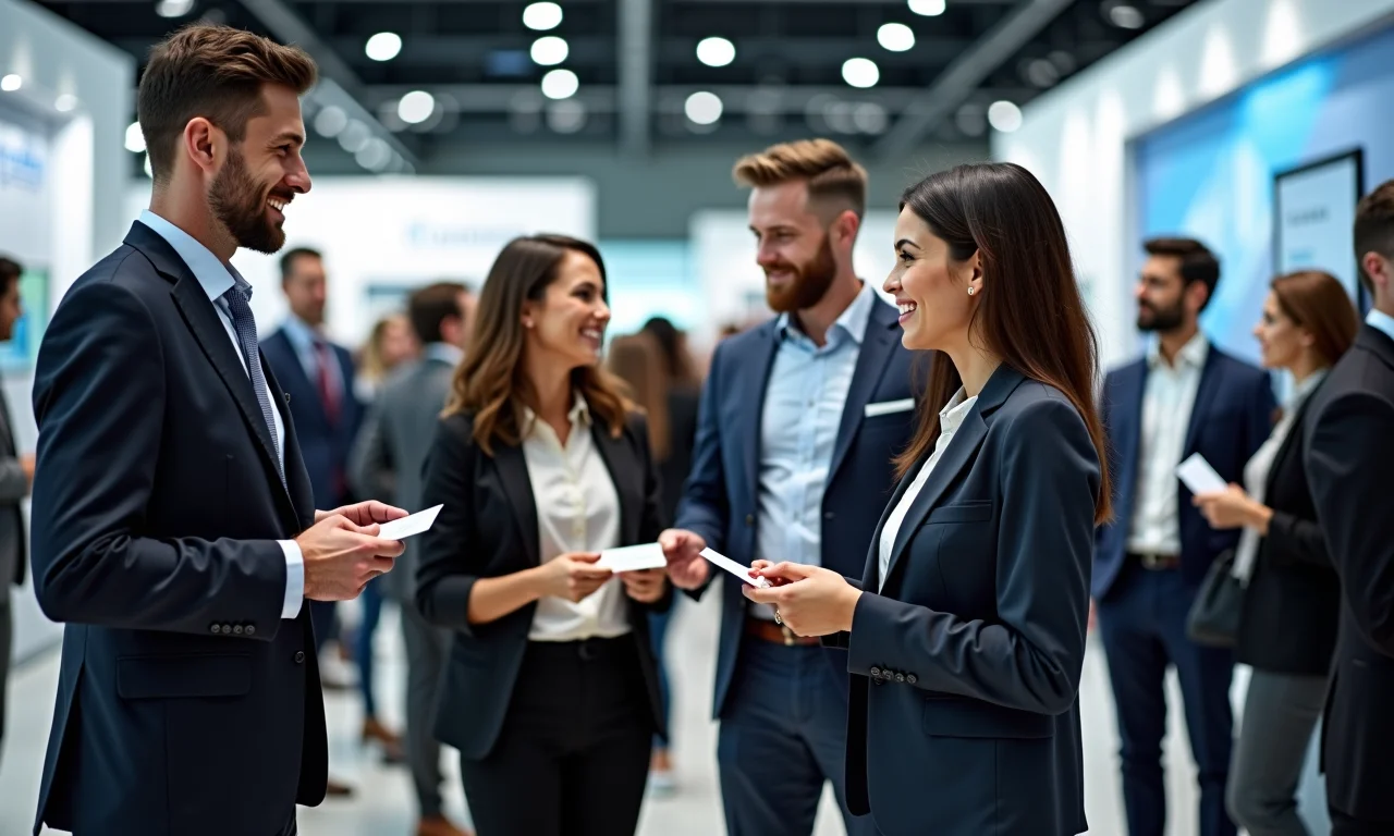 Grupo diverso de pessoas em feira de negócios em São Paulo.