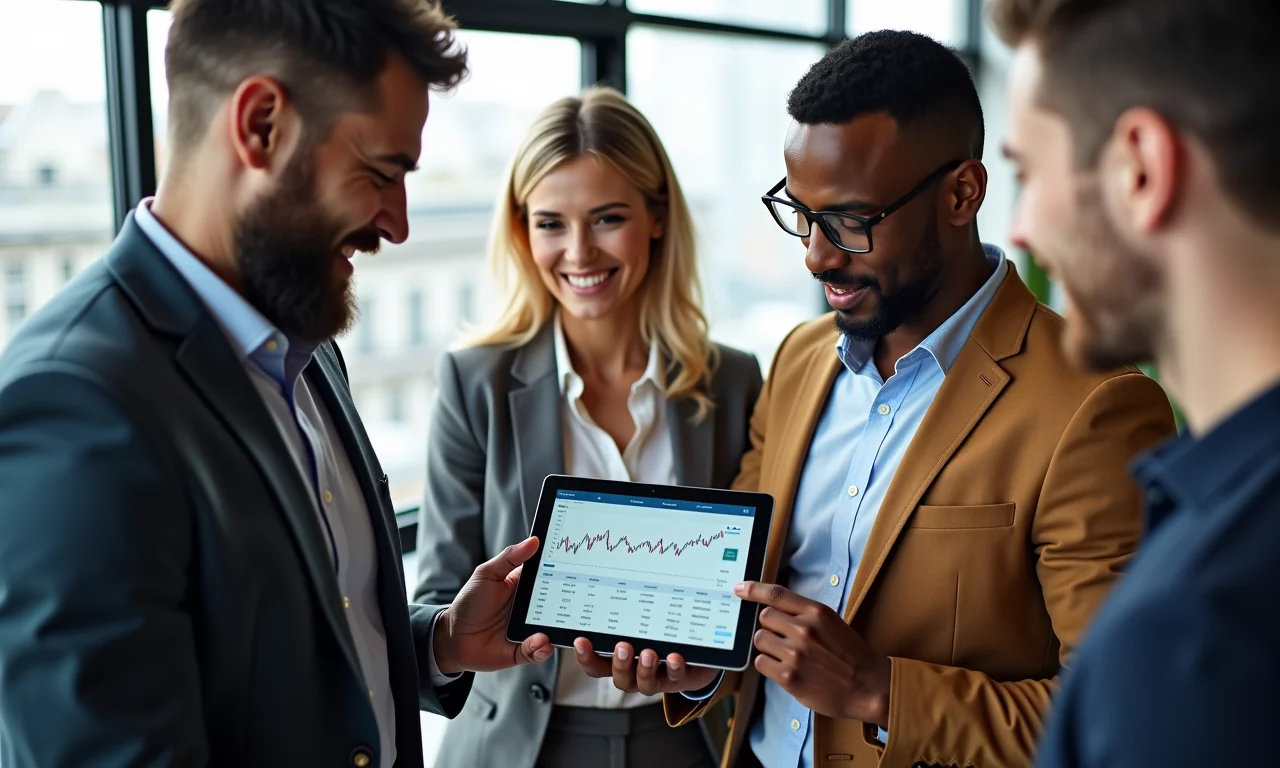 Grupo diverso de pessoas olhando para um tablet mostrando um portfólio de investimentos em ETFs, em um escritório moderno em SP.