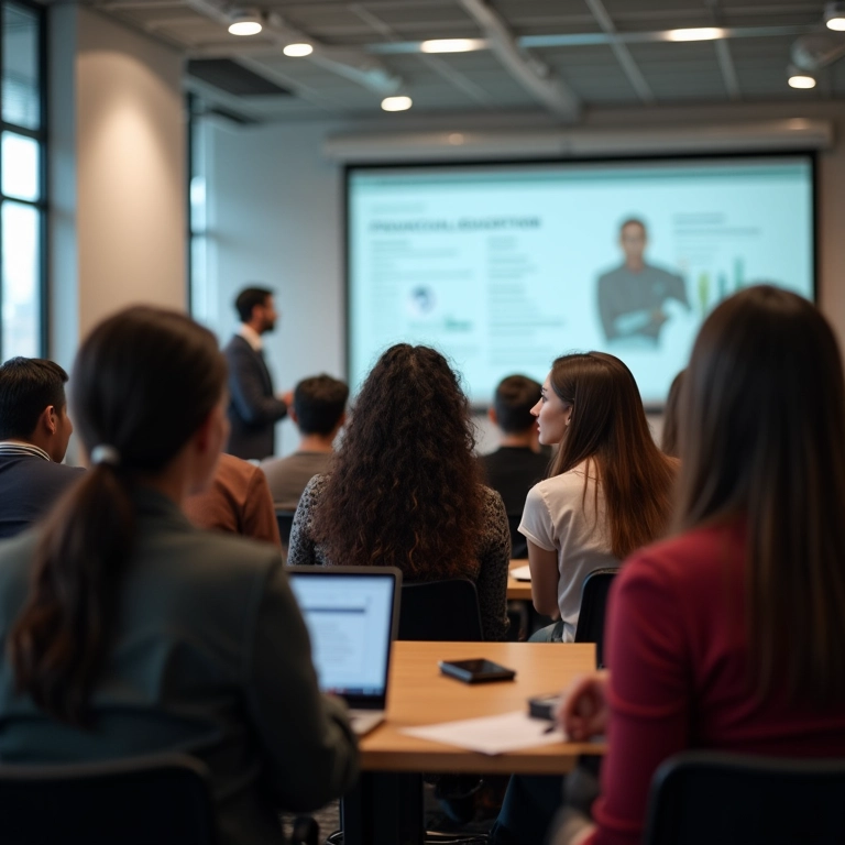 Grupo diverso de pessoas participando de um seminário de educação financeira em São Paulo.