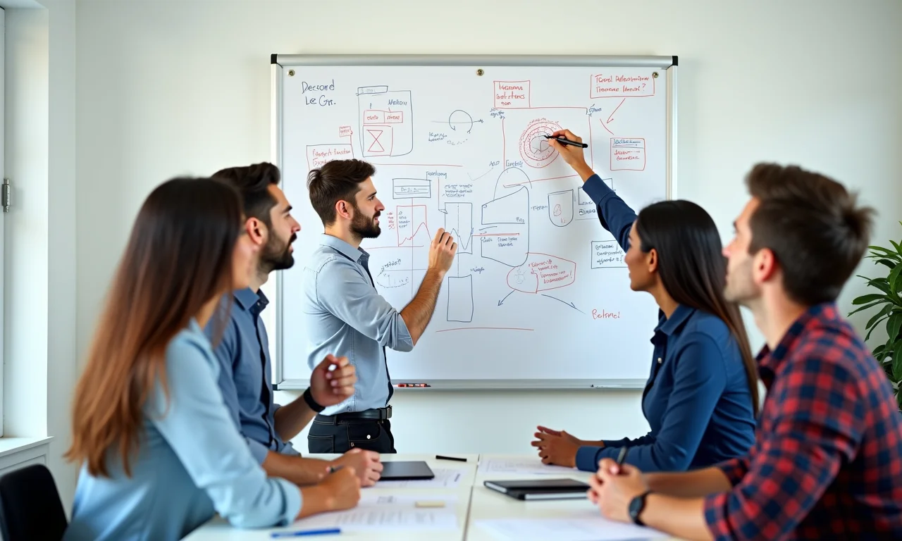 Grupo diverso de pessoas reestruturando objetivos em brainstorming.