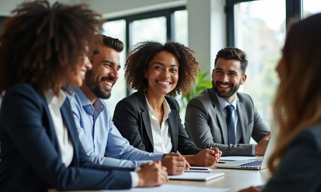 Grupo diverso de profissionais em SP colaborando em um ambiente de trabalho ético.