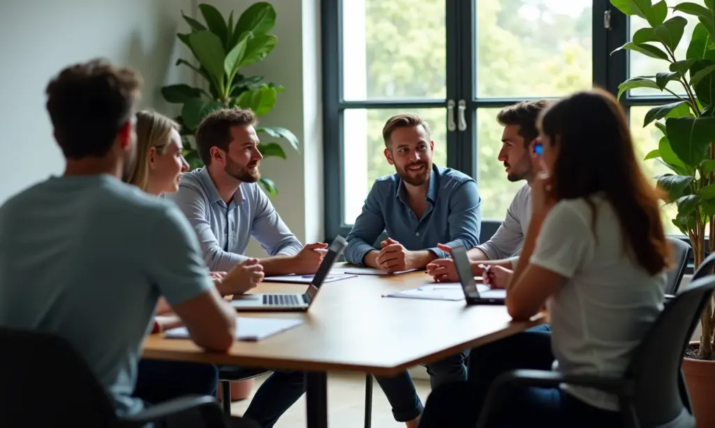 Grupo diverso discute privacidade de dados em escritório brasileiro.