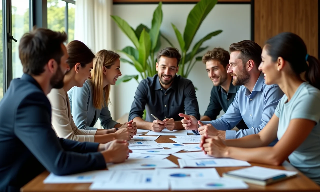 Grupo diverso discutindo estratégias de gestão de riscos financeiros em escritório.