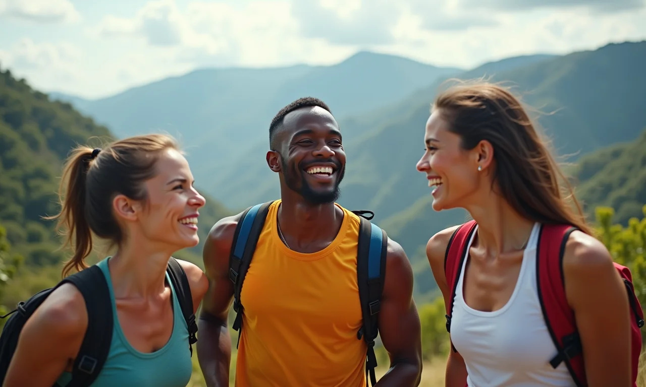 Grupo diverso sorrindo durante trilha, simbolizando sistema imunológico fortalecido.