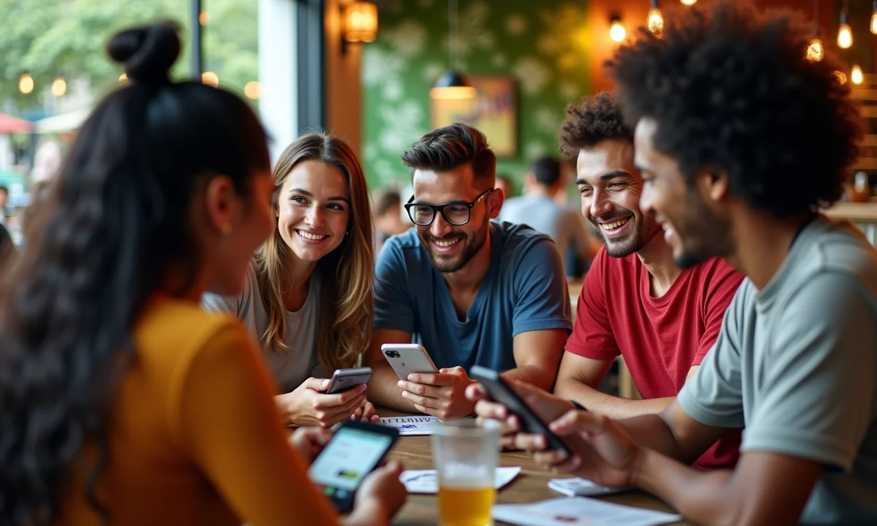 Grupo interagindo com redes sociais de marca em café brasileiro.