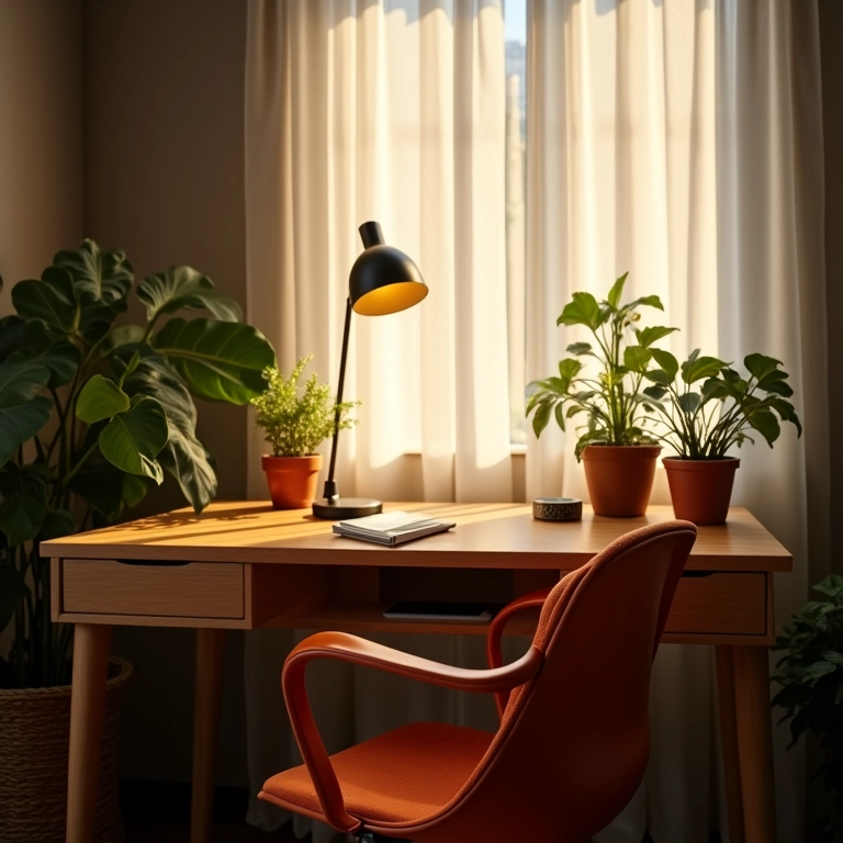 Home office iluminado naturalmente em São Paulo, com ambiente acolhedor.