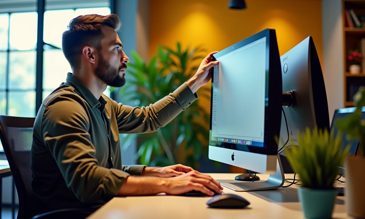 Homem ajustando a altura do monitor em um escritório ergonômico e colorido em São Paulo.
