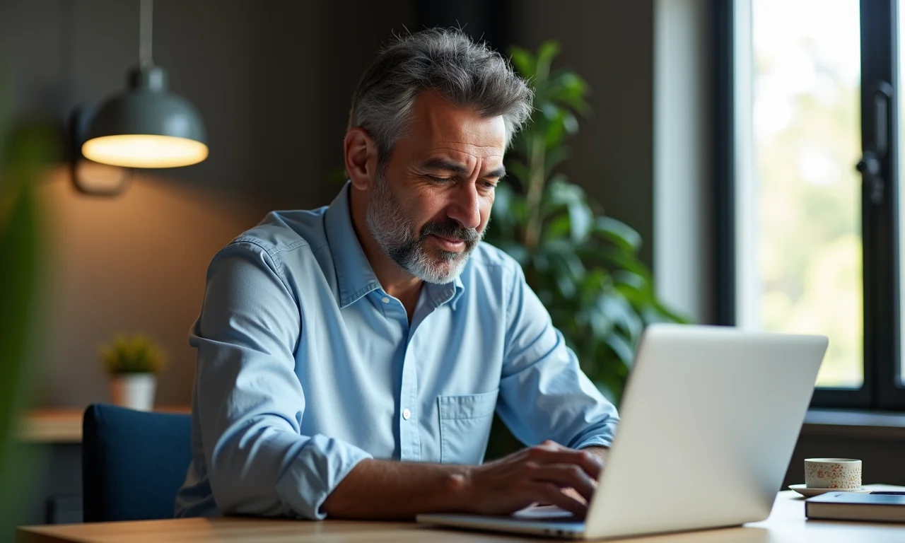 Homem brasileiro de meia-idade verificando informações do PIS/PASEP no site da Caixa Econômica Federal usando um laptop.