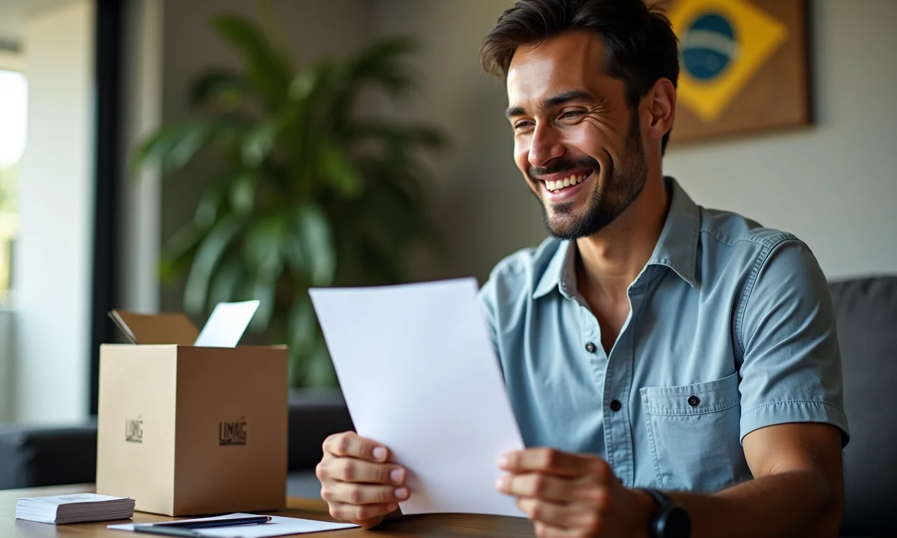 Homem brasileiro lendo uma nota de agradecimento, sorrindo, cercado por produtos da marca.