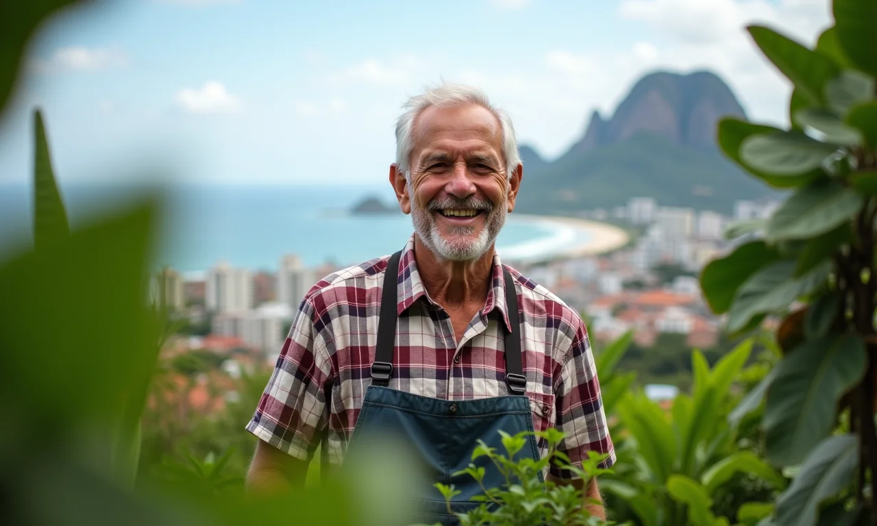 Homem idoso sorrindo enquanto cuida do jardim na aposentadoria.